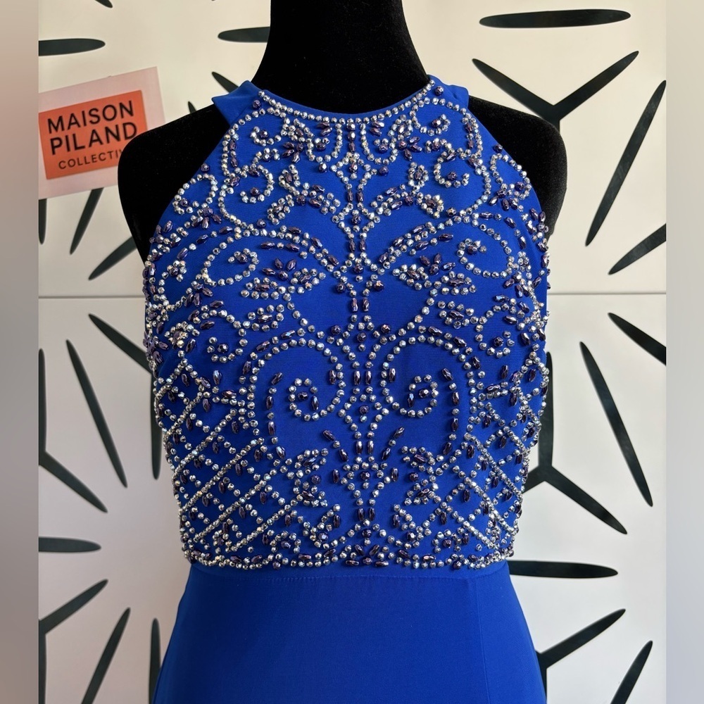 Morgan & Co Royal Blue Beaded Floor Length Gown w/ Side Slit – Sz 5/6 - Picture 4 of 12